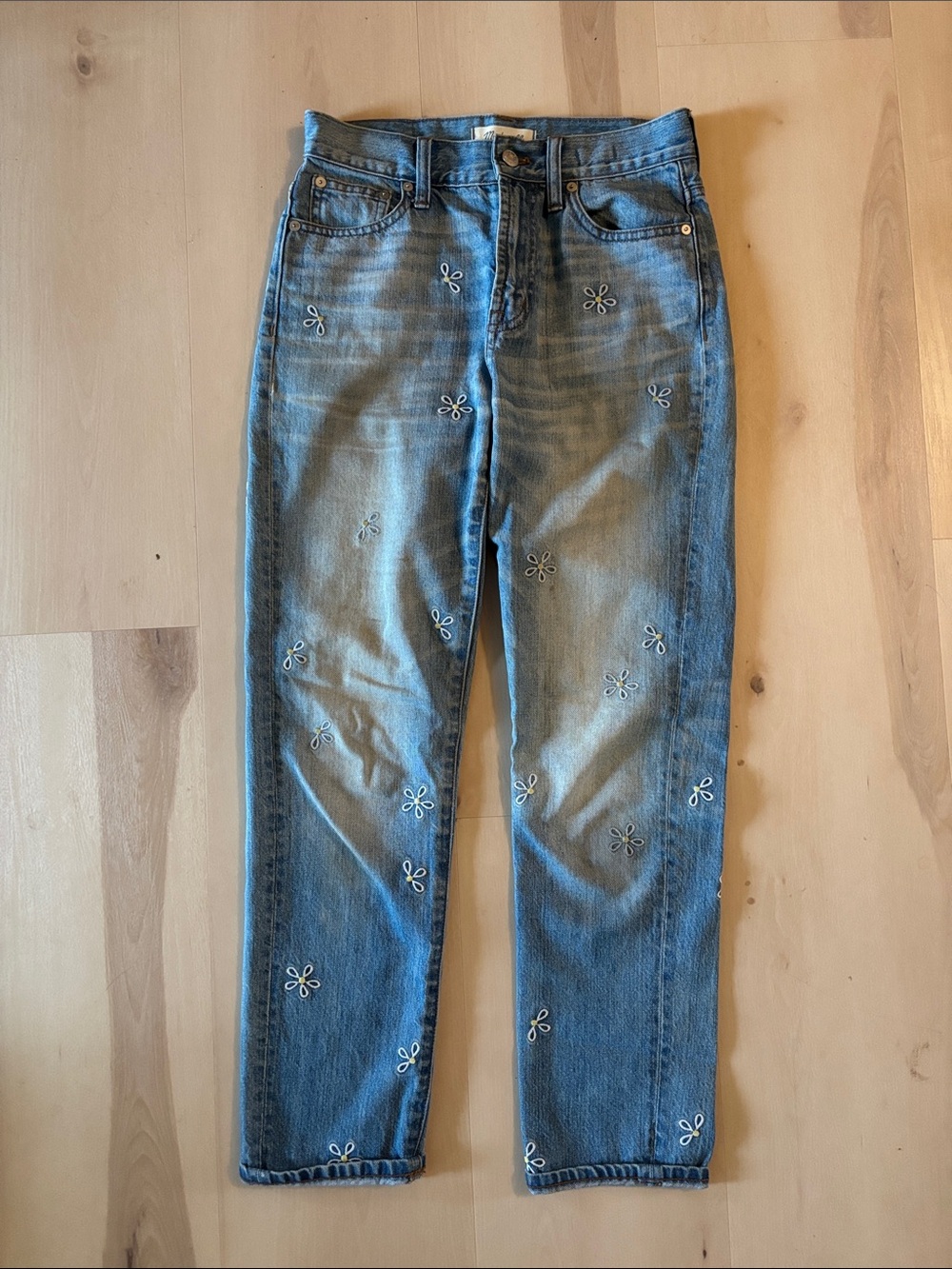 Madewell Blue Straight-Leg Jeans with White Floral Embroidery